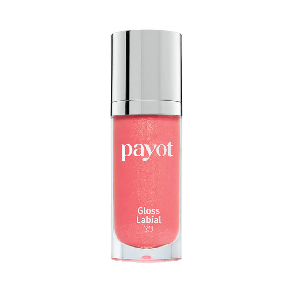 Gloss Labial 3D Payot Goiaba 30 em frasco transparente com tampa prateada e líquido rosa goiaba brilhante